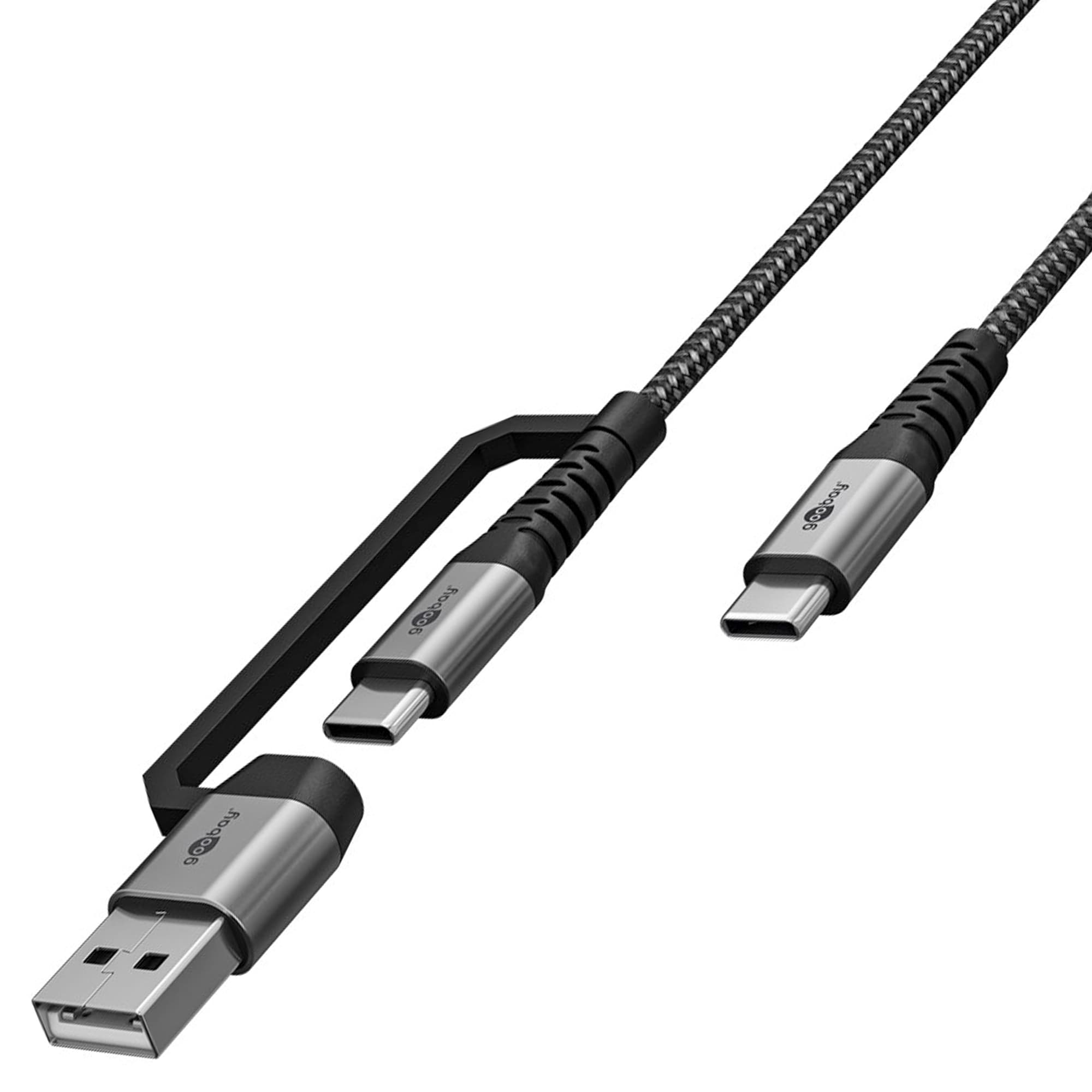 Câble de charge USB 2 en 1, gris sidéral/argent, 3 m, 60 W, 3 A, câble de charge USB-C™ ultra-résistant avec adaptateur pour appareils USB-A