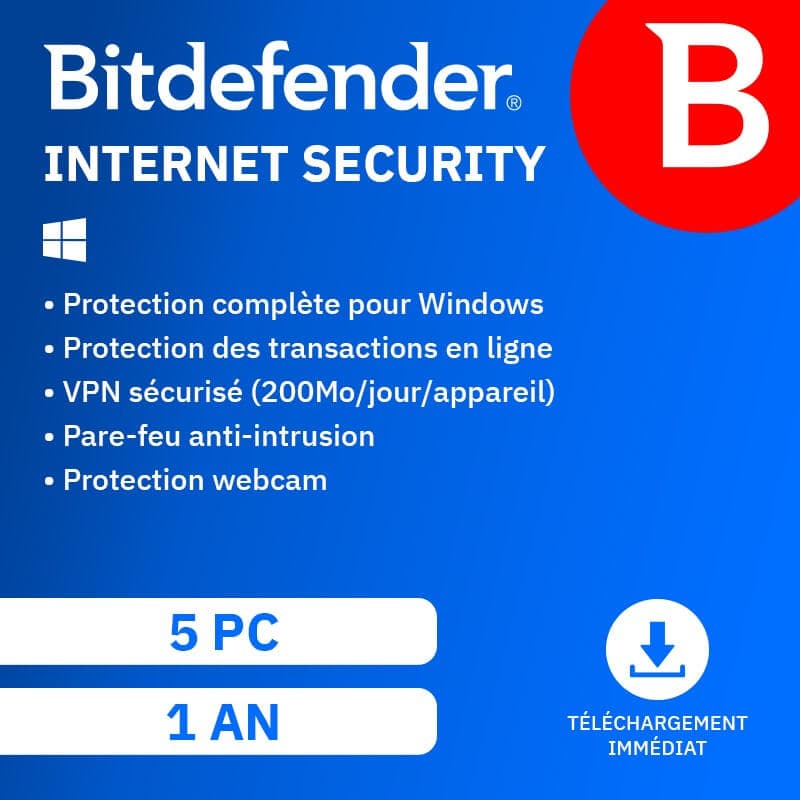 Bitdefender Internet Security 2026 | Renouvellement automatique | 5 PC | 1 An | Téléchargement