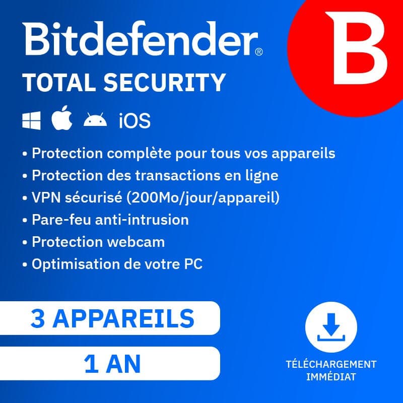 Bitdefender Total Security 2026 | Renouvellement automatique | 3 Appareils | 1 An | Téléchargement